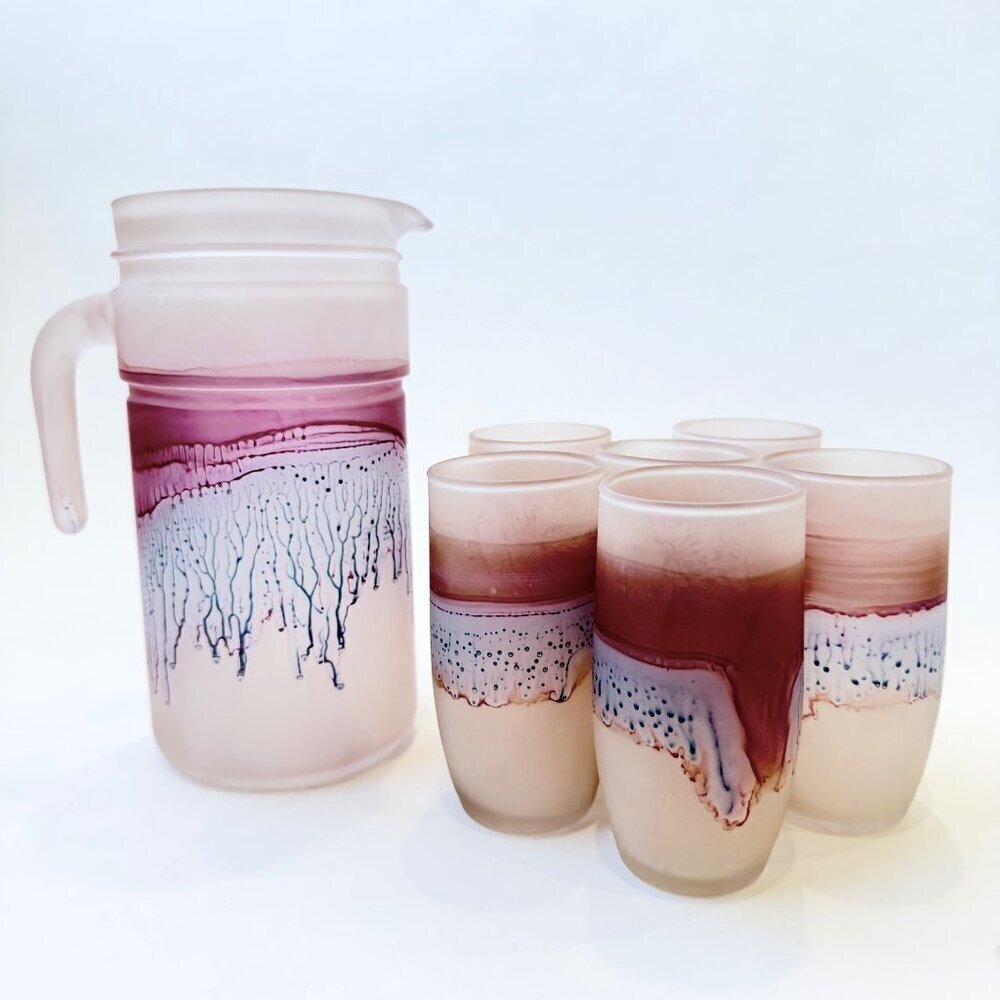 Vintage Rueven Art Nouveau Art Glass Pitcher Set with 6 Glasses – Handcrafted Fr